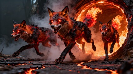 three demonic foxes with charred skin in ominous hell cracked landscape, demonic fox exiting hellish portal