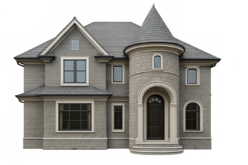 Traditional gray house with turret and dark roof, residential building isolated on transparent background, classic architecture property concept