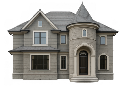 Traditional gray house with turret and dark roof, residential building isolated on transparent background, classic architecture property concept