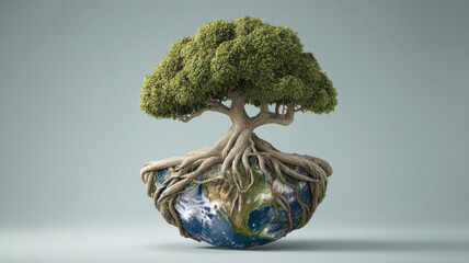 Tree with extensive roots grows from small Earth, symbolizing environmental connection and sustainability. image conveys sense of harmony and ecological balance