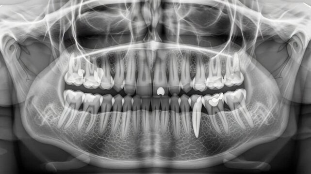 Panoramic Dental X-Ray Showing Teeth, Jaw, and Bone Structure for Medical Diagnosis
