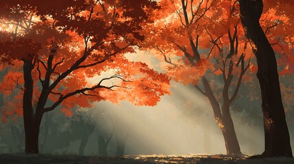 Brilliant orange foliage illuminates a misty woodland path during a bright morning