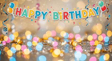 Happy birthday colorful party celebration vector illustration with happy anniversary gift text and lighting effect