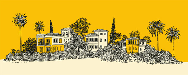 A drawing of a city with palm trees and houses. The houses are small and the palm trees are tall. The drawing has a warm and inviting mood