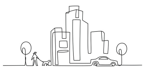 Minimalist urban skyline and street scene in one continuous line