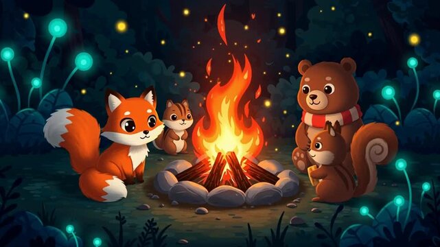 Cute Cartoon Animals Gathered Around a Campfire at Night Illustration