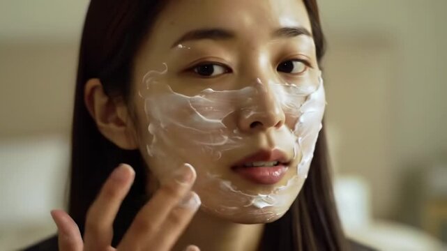 Woman applies white cream facial mask with fingers in front-facing beauty shot