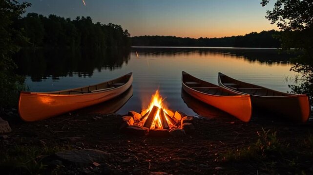 Campfire and Canoes at Dusk on a Tranquil Lake