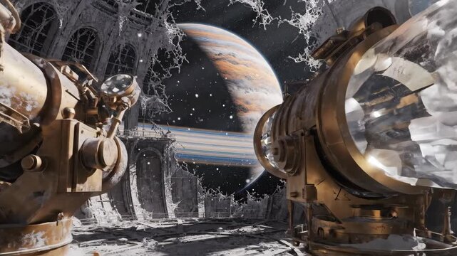 Astronomical observatory interior with telescope and celestial display