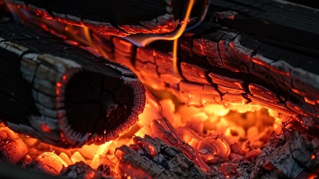Close-up of Burning Wood Embers in a Fireplace