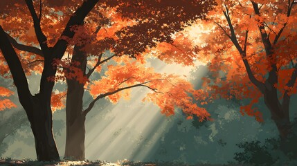 Sunlight streams through the vibrant orange foliage of tall trees within a serene forest setting