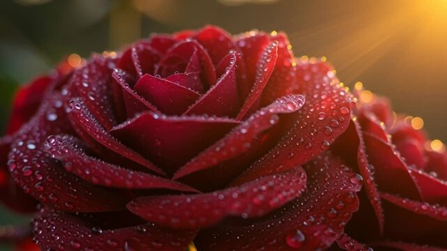 Close-up of a Dew-Kissed Red Rose at Sunrise
