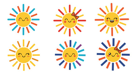 Fototapeta premium A collection of cheerful cartoon suns with colorful rays.