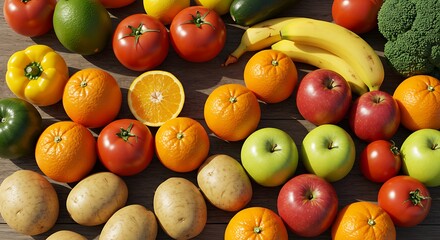 Assortment of fresh fruits and vegetables artfully arranged on a rustic wooden surface