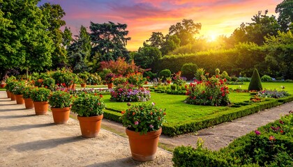 A vibrant garden with symmetrical flowerbeds, pathways, and lush greenery under a sunset's warm glow