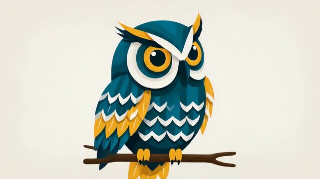 Cartoon Owl Illustration Perched on Branch.