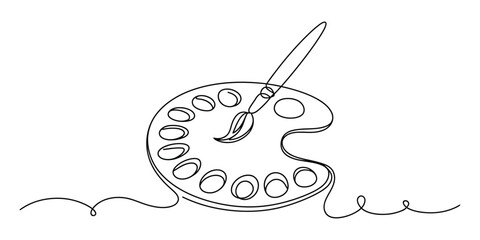 Artistic continuous line drawing of a paint palette and brush