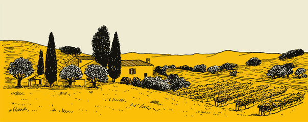 Naklejka premium The image is a beautiful drawing of a countryside scene with a house and trees. The colors are bright and warm, giving the impression of a peaceful