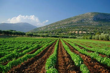 Green Rows of Crops in a Hilly Landscape