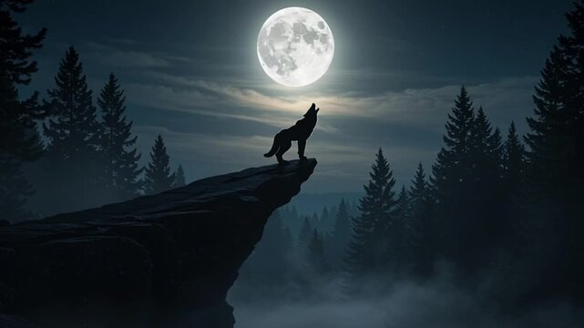 Lone Wolf Howling at the Full Moon on a Cliff Edge in a Dark Forest