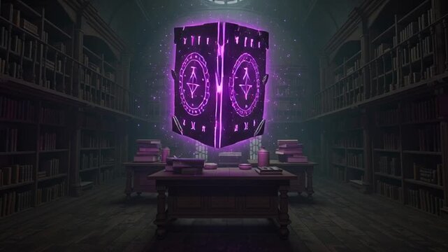 Mystic Library with Glowing Cube Book and Runes, Fantasy Illustration