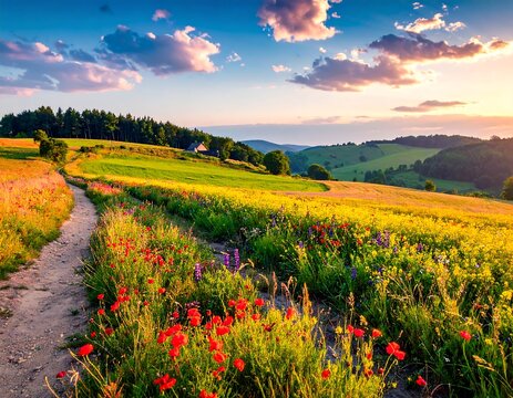 A vibrant scenic sunset showcases a winding dirt path amidst a meadow filled with wildflowers and rolling hills. The sky displays colorful clouds