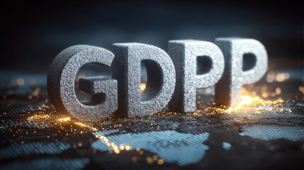 Textured letters spelling "GDPP" illuminated by glowing particles create a captivating digital backdrop in a modern business context