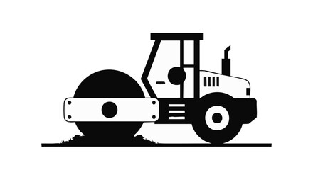 Naklejka premium A black and white illustration of a road roller compacting soil, symbolizing construction and infrastructure development on a white background.