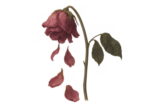 Withered red rose losing petals, symbolizing loss, sadness, and the fragile nature of life and love on transparent background