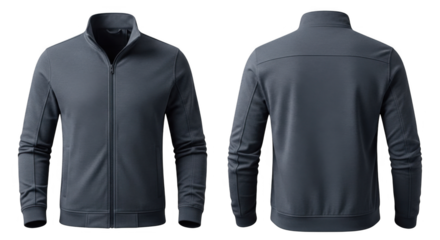 Mens dark grey fleece jacket mockup front and back view.