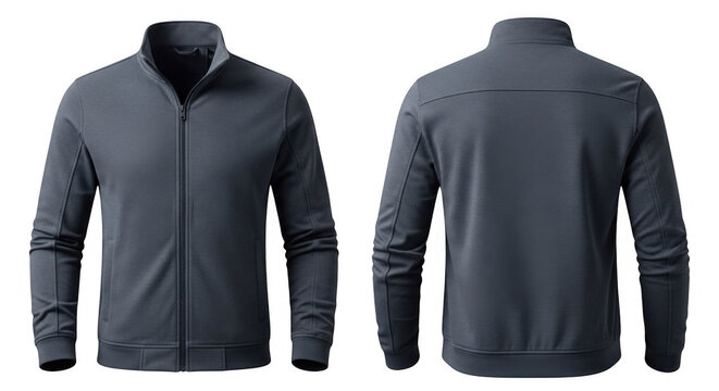 Mens dark grey fleece jacket mockup front and back view.