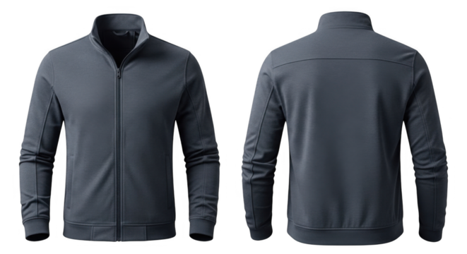 Mens dark grey fleece jacket mockup front and back view.