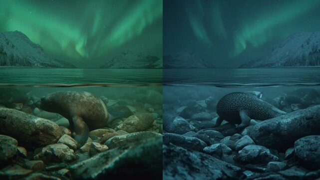 Surreal Split View of Seal and Hedgehog Underwater with Northern Lights