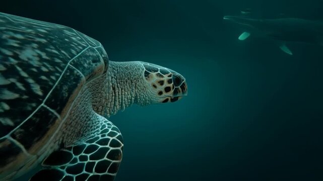 Majestic Loggerhead Sea Turtle Swimming in Tranquil Ocean Depths with Sunbeams