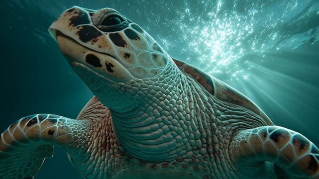 Majestic Loggerhead Sea Turtle Swimming Underwater with Sun Rays