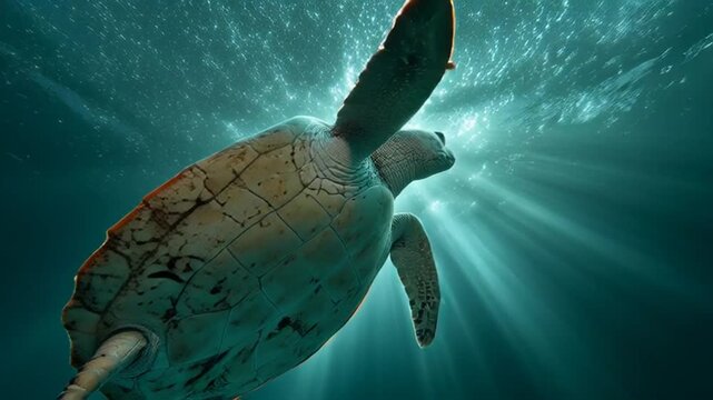 Majestic Loggerhead Sea Turtle Swimming Underwater with Sun Rays