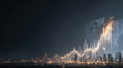 Digital skyline with vibrant financial graph, glowing lines, and world map projection representing global business growth and economic trends in urban environment