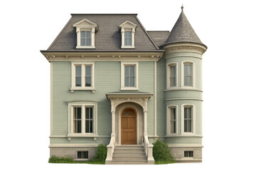 Obraz premium Victorian house architecture with elegant exterior facade and rounded turret, showing residential home building on transparent background