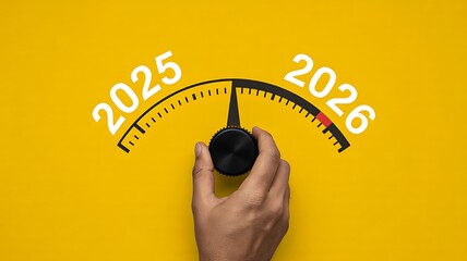 Turning the dial from 2025 to 2026 on a yellow background
