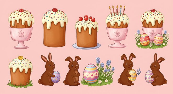 Assortment of illustrated Easter treats including cake and chocolate bunny with colorful eggs
