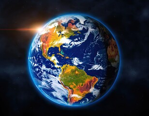 Planet Earth Viewed From Space With Bright Sunrise Lighting Up Continents And Clouds In Dark Starry Sky With Lens Flare Effect