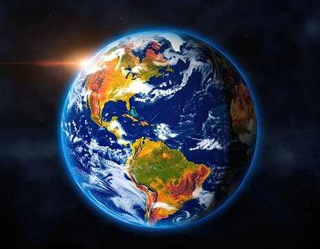 Planet Earth Viewed From Space With Bright Sunrise Lighting Up Continents And Clouds In Dark Starry Sky With Lens Flare Effect