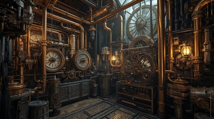 Steampunk Workshop Interior with Copper Pipes, Gears, and Antique Clocks, a Mystical Atmosphere