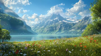Mountain Lake with Wildflowers