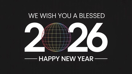2026 happy new year greeting with modern globe line design on dark background