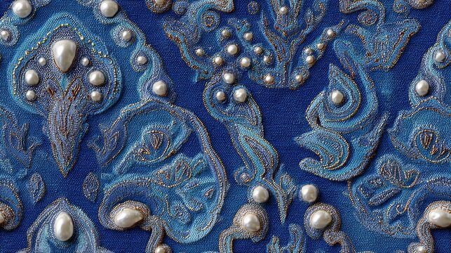 3D denim seamless pattern with abstract geometric sequins, soft color tones, symmetrical design, suspended elements, detailed textile texture, modern vibrant surface