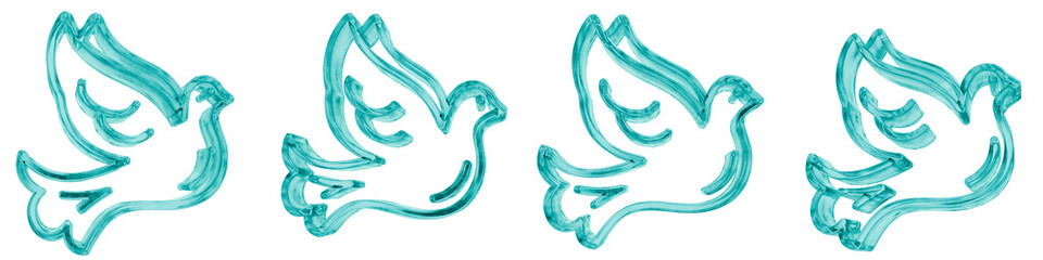 Set of four 3D pigeon outline shapes in frosted blue ice glass style, isolated on a transparent background. Glassmorphism icons and 3D elements for modern graphic design.