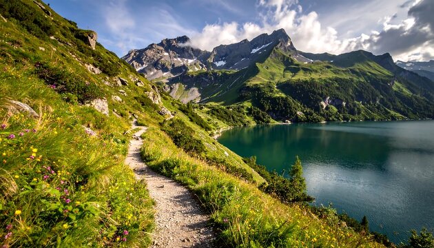 A winding dirt path ascends a vibrant green hillside, overlooking a stunning turquoise lake bordered by majestic, rugged mountains under a partly cloudy sky - Powered by Adobe