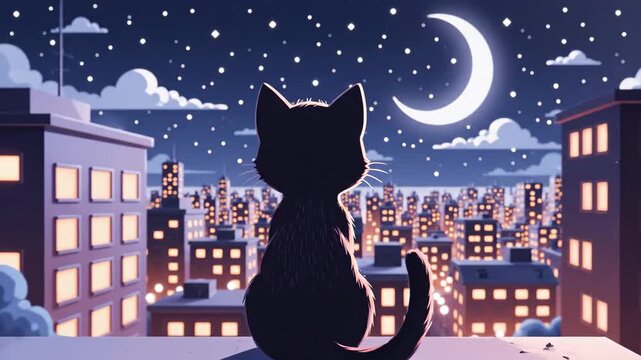 Cat on Rooftop Gazing at Night Sky.