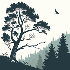 Silhouette of a forest landscape with trees and a flying eagle, creating a serene and peaceful atmosphere, isolated on